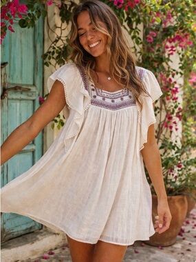 Umgee ivory white Boho Embroidered Babydoll dress Cottage Peasant Tunic M